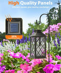 Outdoor Solar Lanterns 14 Inch Hanging LED Lights, 2 Pack, showing solar panel and LED lantern in garden setting