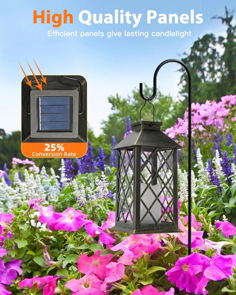Outdoor Solar Lanterns 14 Inch Hanging LED Lights, 2 Pack, showing solar panel and LED lantern in garden setting