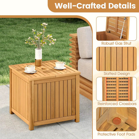 2 In 1 Outdoor Side Table With Storage In Acacia Wood Slatted Design With Umbrella Hole And Removable Base Square End Storage Box