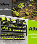 Image showing 'Before' and 'After' of a workshop with the Beefy 32 Inch Heavy Duty Power Tool Organizer Wall Mount With Four Layers And Eight Drill Holders Metal Cordless Tool Storage Up To 420 Lbs With Screwdriver Holder Utility Racks For Garage Workshop Pegboard Shed, neatly organizing various tools.
