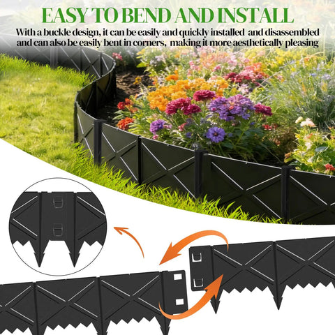 Six Pack Heavy Duty Metal Landscape Edging Kit With Hammer In Stakes For No Dig Garden Borders installed in flower bed