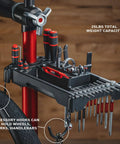 Universal Bike Repair Stand Tool Tray with 27 tool slots, magnetic parts tray, phone holder, accessory hooks, attached to bike stand