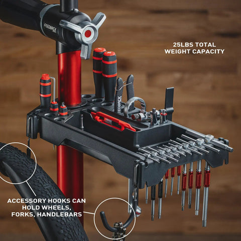Universal Bike Repair Stand Tool Tray with 27 tool slots, magnetic parts tray, phone holder, accessory hooks, attached to bike stand