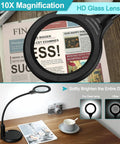 10X Magnifying Glass With Light And Clamp for close work, flexible gooseneck LED desk lamp shown illuminating a desk area.