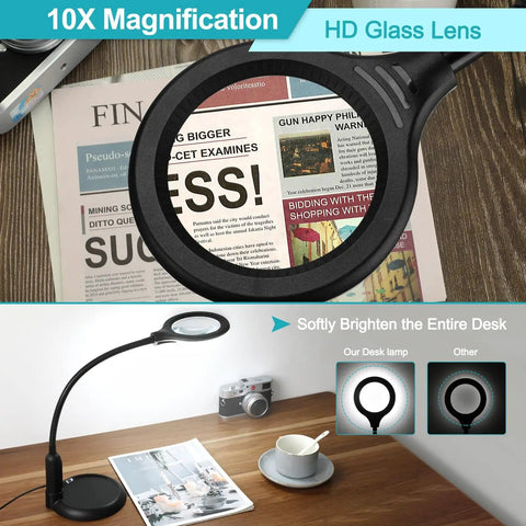 10X Magnifying Glass With Light And Clamp for close work, flexible gooseneck LED desk lamp shown illuminating a desk area.
