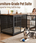 Super Smooth Setup Heavy Duty Dog Crate Furniture 42 Inch Decorative Kennel End Table Nightstand Rustic Brown Indoor Pet House Secure Playpen With Ultra Cozy Mat For Large Dogs with a dog resting beside it.