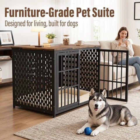 Super Smooth Setup Heavy Duty Dog Crate Furniture 42 Inch Decorative Kennel End Table Nightstand Rustic Brown Indoor Pet House Secure Playpen With Ultra Cozy Mat For Large Dogs with a dog resting beside it.