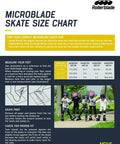 Microblade Free 3WD Kids Adjustable Inline Skates size chart with instructions and children skating illustration.