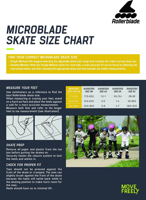 Microblade skate size chart with measuring instructions and children wearing Kid's Adjustable Inline Skates With Lace-Free Closure.