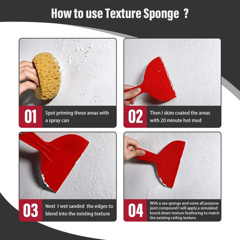 Step-by-step guide showing how to use knockdown texture sponge for drywall patch and ceiling repair DIY home texture tool.