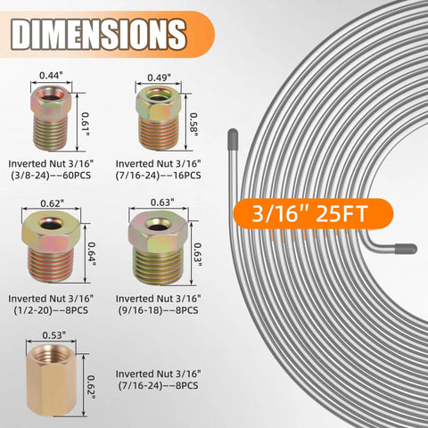 Three Sixteenth Inch Brake Line Repair Kit With Double And Single Flare Tool And 25 Feet Zinc Coated Brake Line 40 Fittings 4 Unions