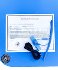 Front view of blue ESD mat kit with wrist strap, ground cord, and certificate of compliance.