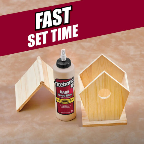 Dark Wood Glue Pint By Titebond For A Solid Bond On Dark Wood With Cross Linking PVA Formula Five Minute Tack bottle next to wooden birdhouse parts