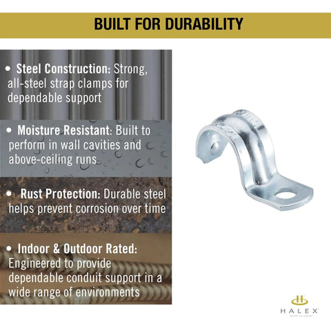 Heavy Duty Galvanized Steel Pipe Strap One Hole EMT Conduit Clamp Half Inch Electrical Support Rig with moisture resistant design.