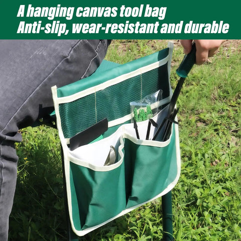 Adjustable Garden Kneeler And Seat With Foldable Frame Wide Kneeling Pad And Two Tool Pouches Five Height Settings From 15.7 To 20.5 Inches Heavy Duty Gardening Stool For Comfort No Sweat Versatility And Easy Yard Work featuring green tool pouches