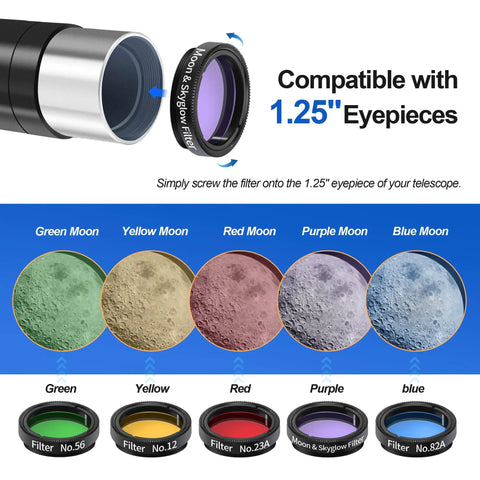Compatible filters for Awesome High Powered 70mm Refractor Telescope With 400mm Focal Length for color-enhanced moon viewing.