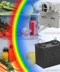 Fridge Start Relay And Capacitor Kit W10662129 with vegetables in fridge, Whirlpool Kenmore replacement parts shown.
