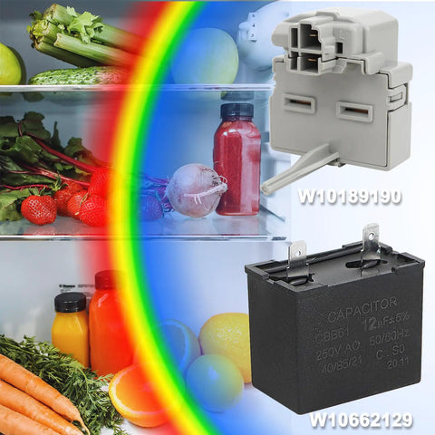 Fridge Start Relay And Capacitor Kit W10662129 with vegetables in fridge, Whirlpool Kenmore replacement parts shown.
