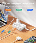 No Cap Necessary Heavy Duty 100W Power Strip With 6 AC Outlets And 8 USB Ports For Fast Charging desk setup with multiple devices.