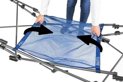 Person assembling Portable Foldable Metal Framed Hammock With Cup Holder And Built In Storage Pocket And Quick Fold System