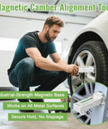 Man using Two Pack Magnetic Camber Alignment Tools Universal Adjustable Camber Caster Gauge With Magnetic Base on car wheel for alignment.