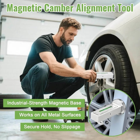 Man using Two Pack Magnetic Camber Alignment Tools Universal Adjustable Camber Caster Gauge With Magnetic Base on car wheel for alignment.