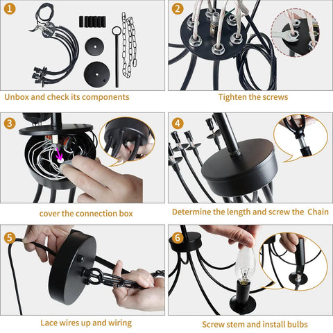 Installation steps for Six Light Farmhouse Chandelier Black Iron Finish Dope Dining Room Lighting Fixture With Classic Candle Style