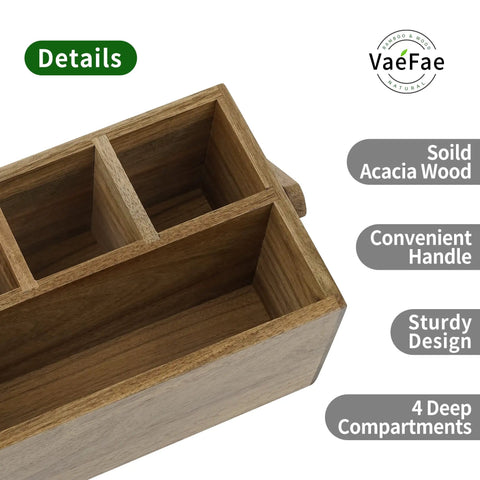 Acacia Wood Silverware Caddy With Handle, Multi Purpose Utensil Organizer For Kitchen, Office, Bathroom And Bedroom, Four Large Compartments For Easy Sorting And Portable Countertop Use