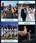 Collage showing XLR Bluetooth Receiver For Mixers And PA Speakers in various events like weddings, performances, church, and DJ shows.