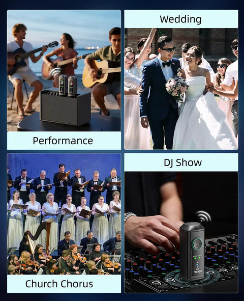 XLR Bluetooth Receiver Pro Pack for Mixing Consoles and PA Systems showcased in varied event settings including performance, wedding, chorus, and DJ show.