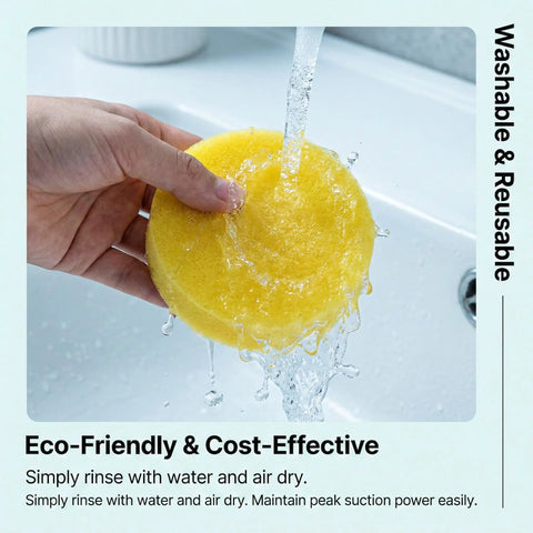 Washing a yellow filter under tap water for Two Pack Replacement Filters For Pet Hair Eraser Upright Vacuum 1650 Series With Febreze