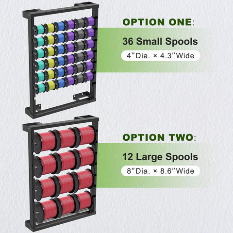 Heavy Duty Wall Mount Wire Spool Rack Featuring Six Adjustable Rods And Rust Resistant Steel For Garage Cord Organization displaying two options for spool sizes.
