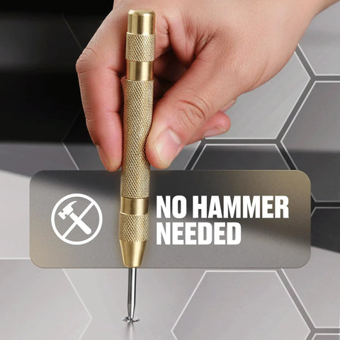 Automatic Center Punch For Metal And Wood Featuring Spring Loaded Kick And Adjustable Knob, used for precise drilling without a hammer.