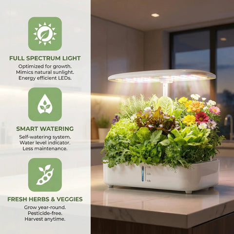 Smart Soilless Indoor Garden System With 12 Pods Hydroponics Kit Grow Herbs Year Round With 24W Full Spectrum LED Lights
