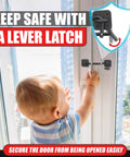 Child reaching for window lock with protective latch, emphasizing safety and security from being easily opened.