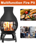 Compact Wood Burning Chiminea Fire Pit For Outdoors with mesh cage, 17.7x35.6 inches, brown black cast iron, shown grilling and as fireplace.