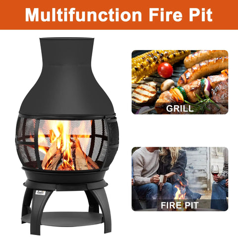 Compact Wood Burning Chiminea Fire Pit For Outdoors with mesh cage, 17.7x35.6 inches, brown black cast iron, shown grilling and as fireplace.