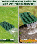 4In Grate Yard Drain with Expanded Drainage Surface for sump pump discharge and downspout extensions shown for water inlet and outlet use.