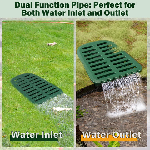 4In Grate Yard Drain with Expanded Drainage Surface for sump pump discharge and downspout extensions shown for water inlet and outlet use.