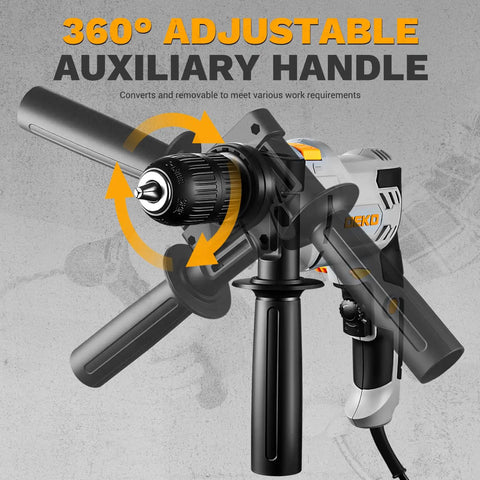 360° adjustable auxiliary handle for Kick Ass Heavy Duty 6 Amp Corded Hammer Drill With Half Inch Keyed Chuck And Twelve Piece Bit Set.