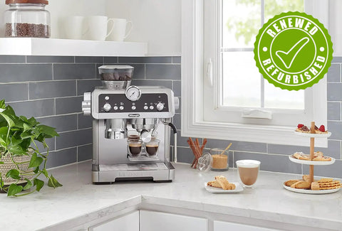 Level Up Your Brew Game With This Certified Renewed Barista Espresso Machine Featuring An Integrated Burr Grinder And Smart Tamping Station For Kickin Daily Shots That Hit Different in a modern kitchen.