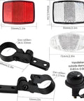 Eight Piece Bike Front And Rear Reflector Kit With Aluminum Bicycle Bell, 4 Spoke Reflectors White Front And Red Rear, Plus One Roll High Visibility Reflective Tape 8m For Adults And Kids Ride Safe And Be Seen showing red reflector, white reflector, mounting brackets, and bell.