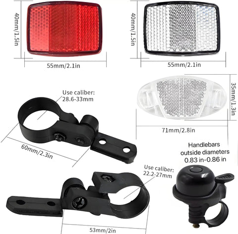 Eight Piece Bike Front And Rear Reflector Kit With Aluminum Bicycle Bell, 4 Spoke Reflectors White Front And Red Rear, Plus One Roll High Visibility Reflective Tape 8m For Adults And Kids Ride Safe And Be Seen showing red reflector, white reflector, mounting brackets, and bell.