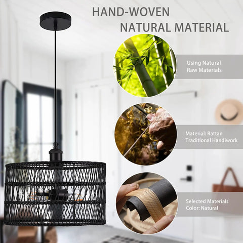 Black Rattan Pendant Lights Drum Chandelier Dope Wicker Light Fixtures Ceiling Hanging Boho Bamboo Pendant Lamp For Bedroom
