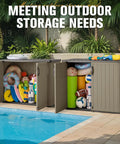 Outdoor Resin Storage Box 27 Cu Ft Weather Resistant Large Capacity Shed Like Crossover Storage Container shown by poolside