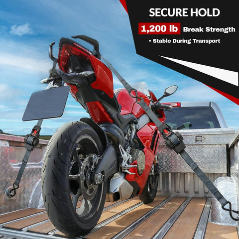 Red motorcycle secured with 2 pack self retracting ratchet tie downs 1 inch wide 10 feet long with auto rewind 1200 pound break strength