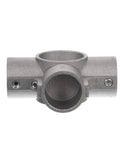 Brushed Aluminum Center Cross Brace Fitting Links 1-5/8 Vertical Pipes To Three 1-1/4 Horizontal Rails close-up view.
