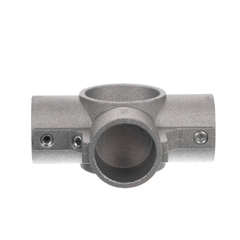Brushed Aluminum Center Cross Brace Fitting Links 1-5/8 Vertical Pipes To Three 1-1/4 Horizontal Rails close-up view.