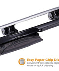 EZ Squeeze Three Hole Punch For 12 Sheets No Jam 50 Percent Less Force Heavy Duty Metal Construction, paper chip disposal tray