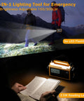 Hiker using Emergency Radio With NOAA Alerts 12000mAh Portable Solar Crank Battery Powered AM FM Shortwave USB C Charger Built In SOS Flashlight Weather Radio For Hurricanes Power Outages Camping And Prepper Ready Survival Gear at night